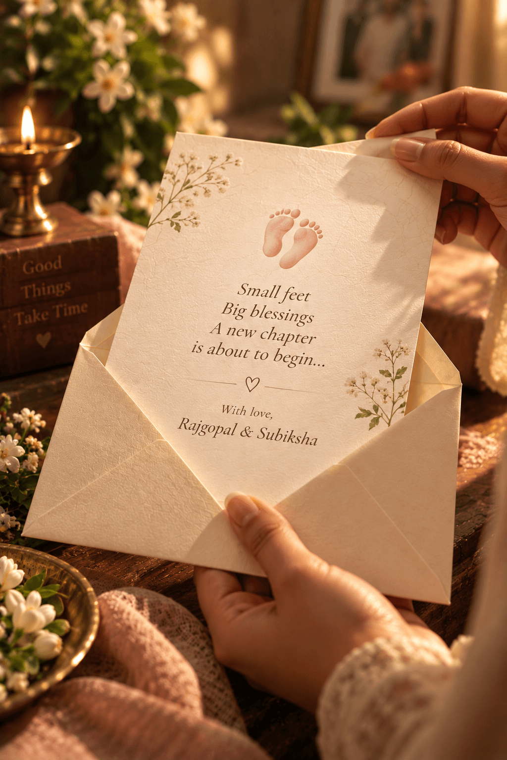 Hands opening a keepsake card that reads 'Small feet, big blessings, a new chapter is about to begin' signed with love from Rajgopal and Subiksha.