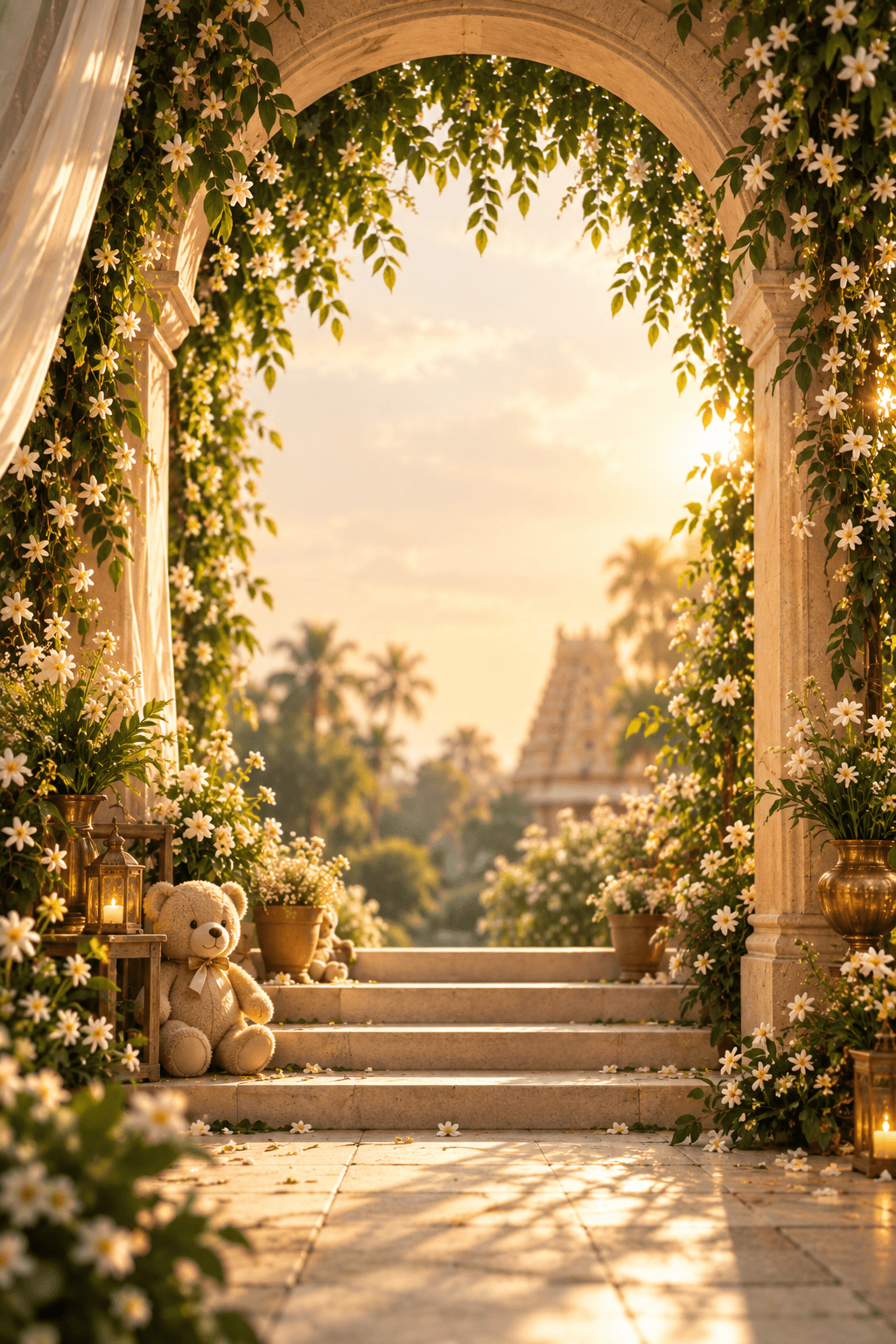 A flower-draped stone archway opening onto a sunlit courtyard with palm trees and a temple gopuram in the distance.