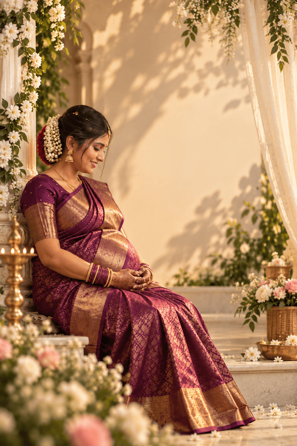 An expecting mother in a purple and gold silk saree, seated gently on stone steps surrounded by jasmine and roses at golden hour.