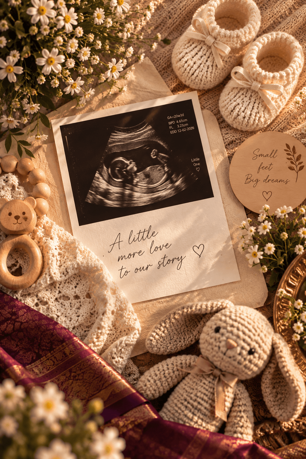 A flat lay of an ultrasound keepsake card, knit baby booties, a crochet bunny and a wooden teether among daisies.