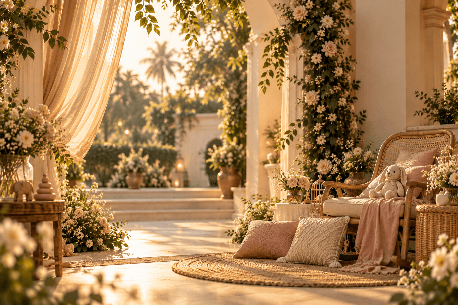 A dreamy sunlit veranda with rattan furniture, soft cushions and a plush bunny, framed by flowering vines.